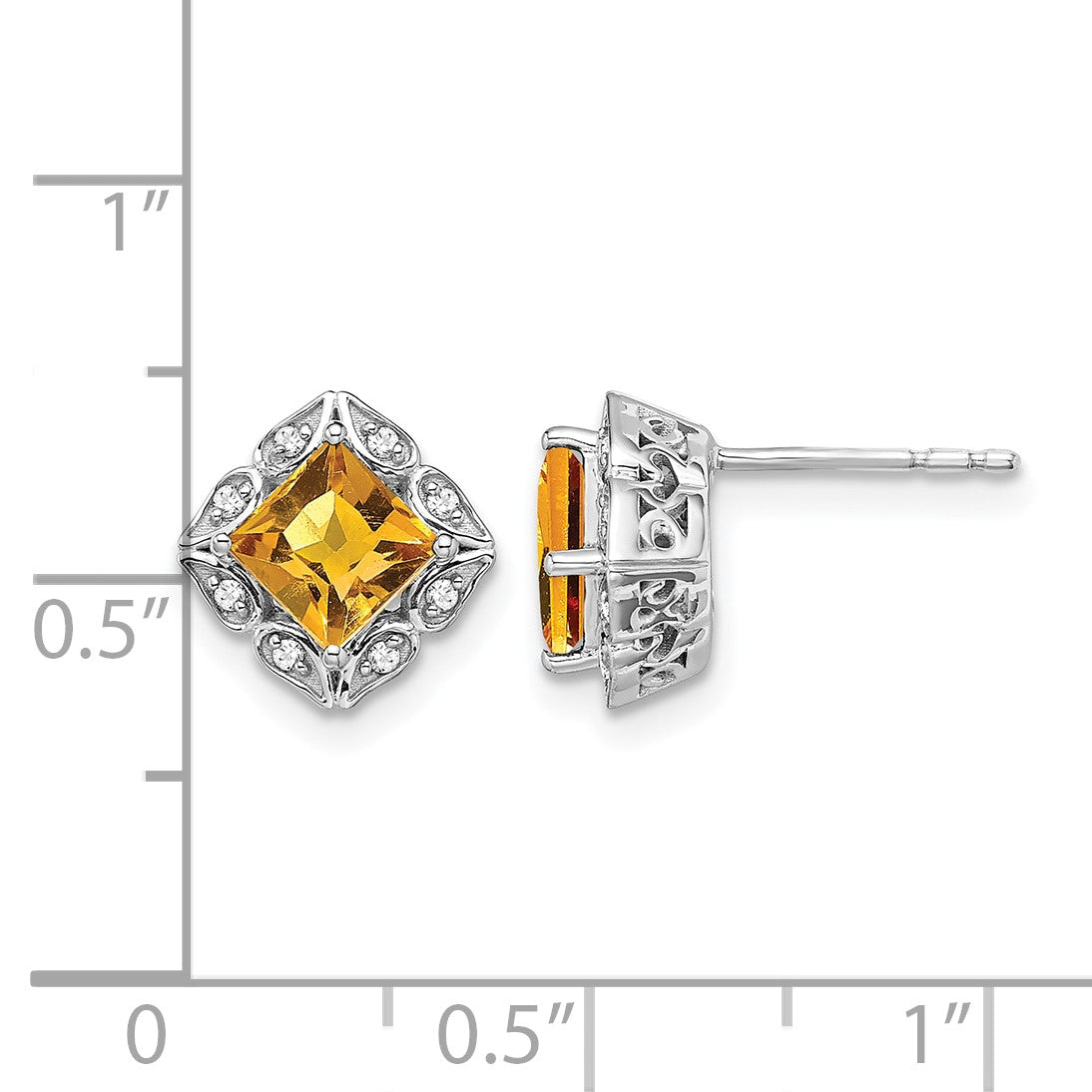 14k White Gold 5mm Square Citrine and .08 carat Diamond Post Earrings