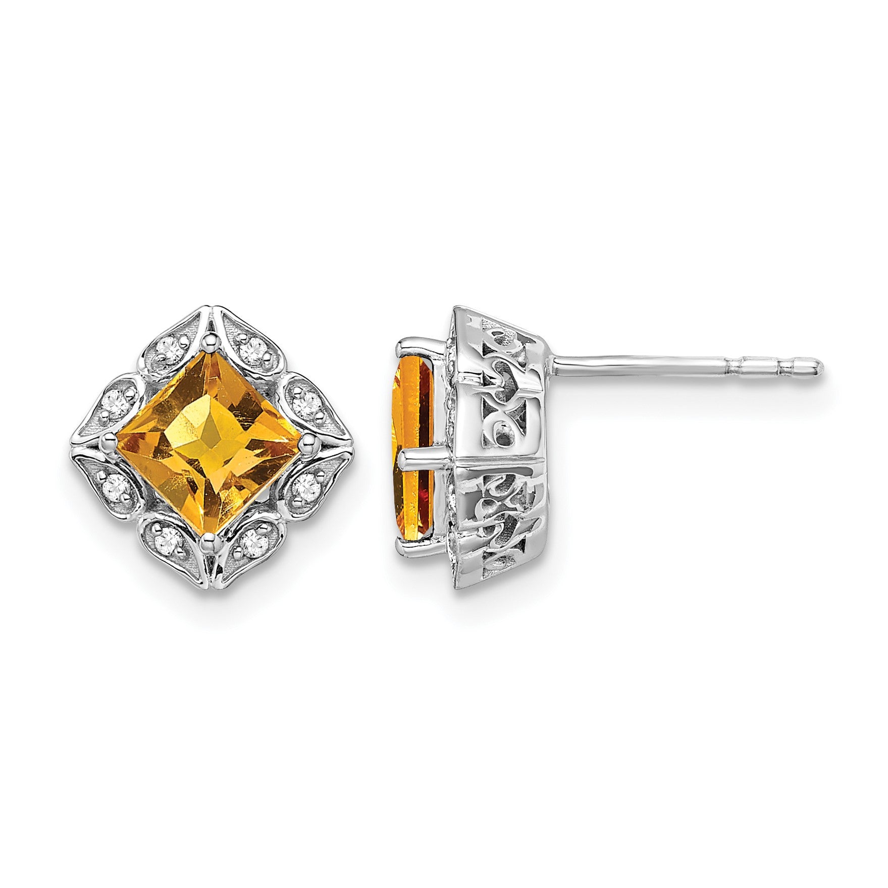 14k White Gold 5mm Square Citrine and .08 carat Diamond Post Earrings