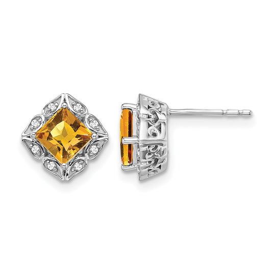 14k White Gold 5mm Square Citrine and .08 carat Diamond Post Earrings