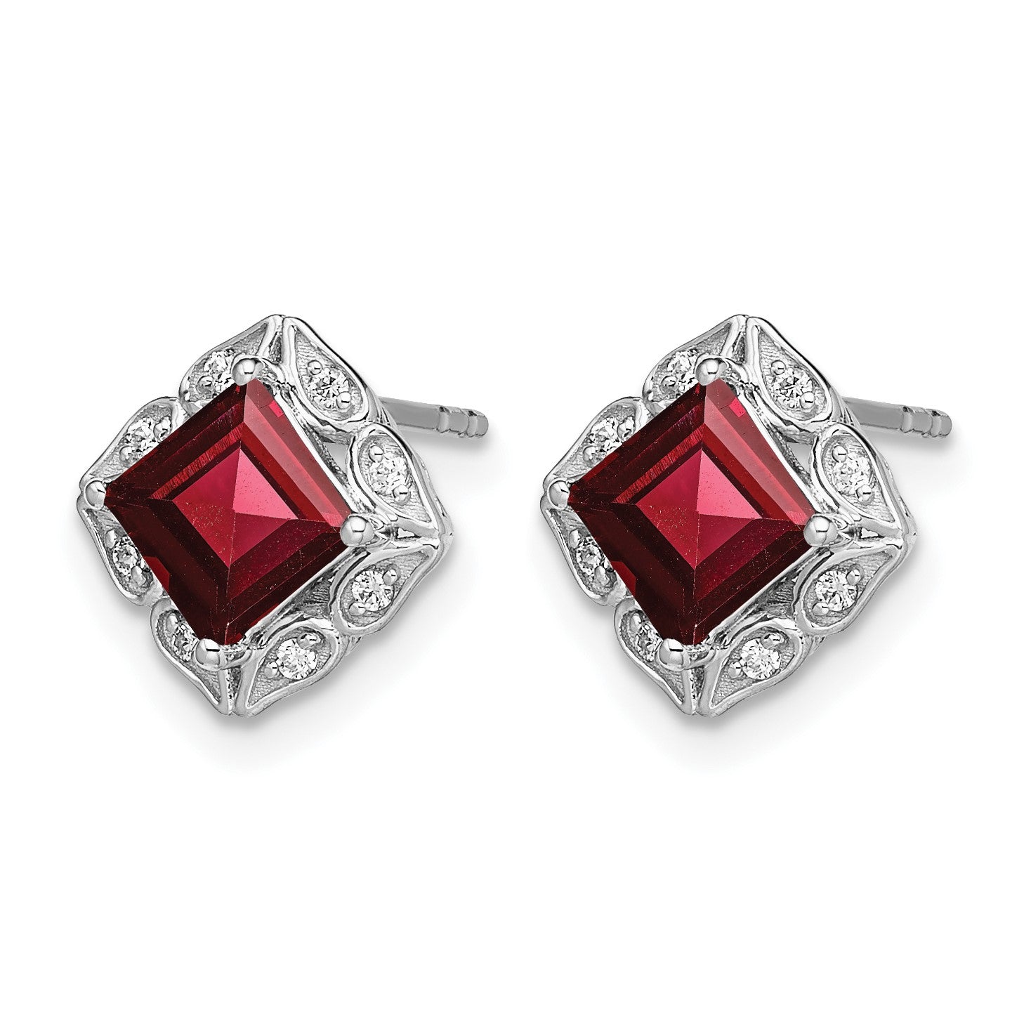 14k White Gold 5mm Square Garnet and .08 carat Diamond Post Earrings