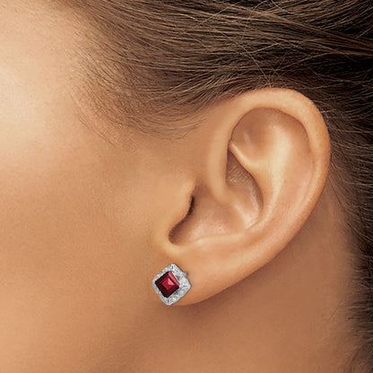 14k White Gold 5mm Square Garnet and .08 carat Diamond Post Earrings