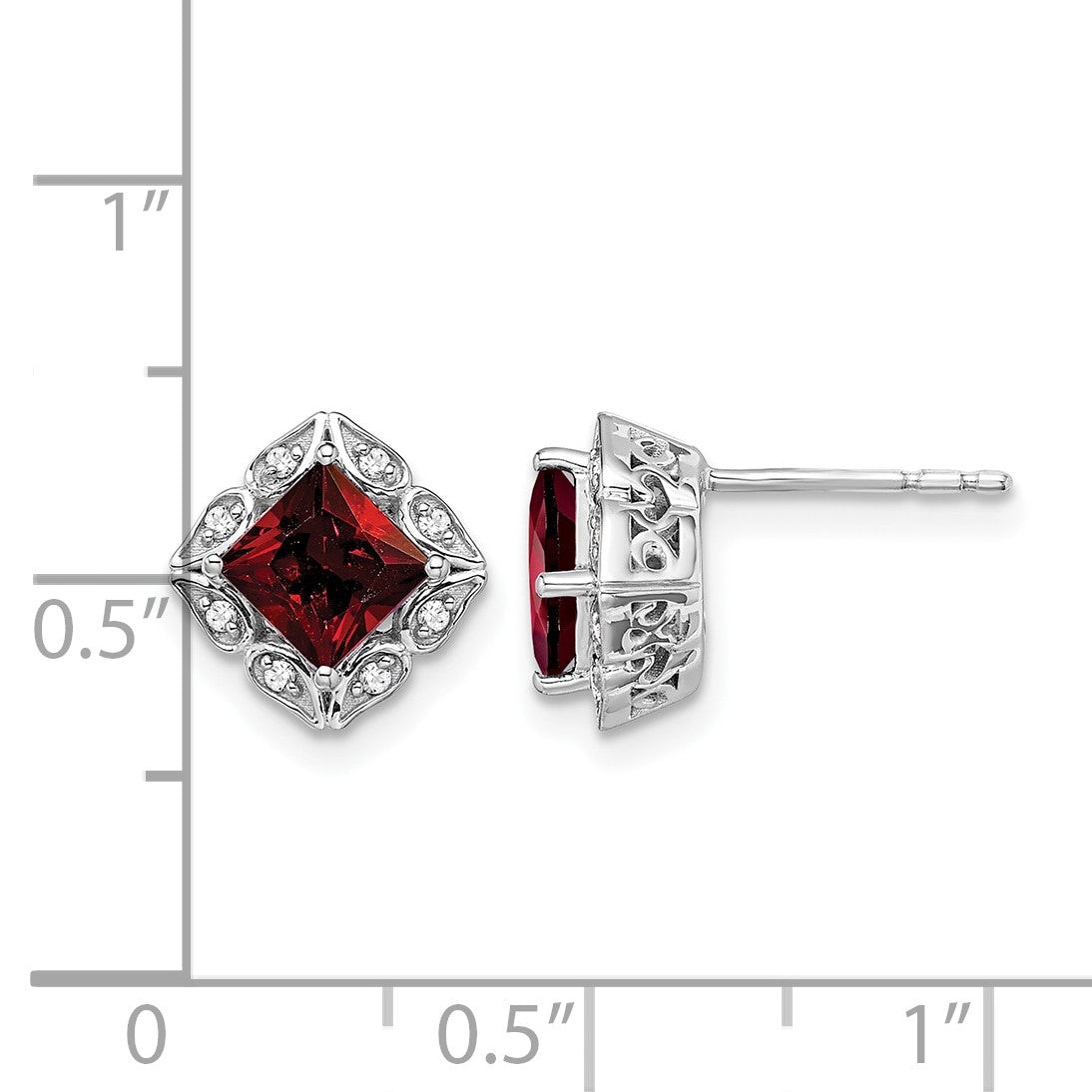14k White Gold 5mm Square Garnet and .08 carat Diamond Post Earrings