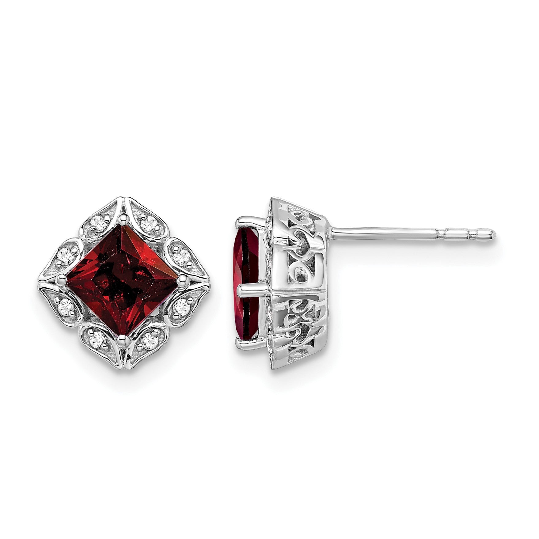 14k White Gold 5mm Square Garnet and .08 carat Diamond Post Earrings