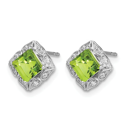 14k White Gold 5mm Square Peridot and .08 carat Diamond Post Earrings