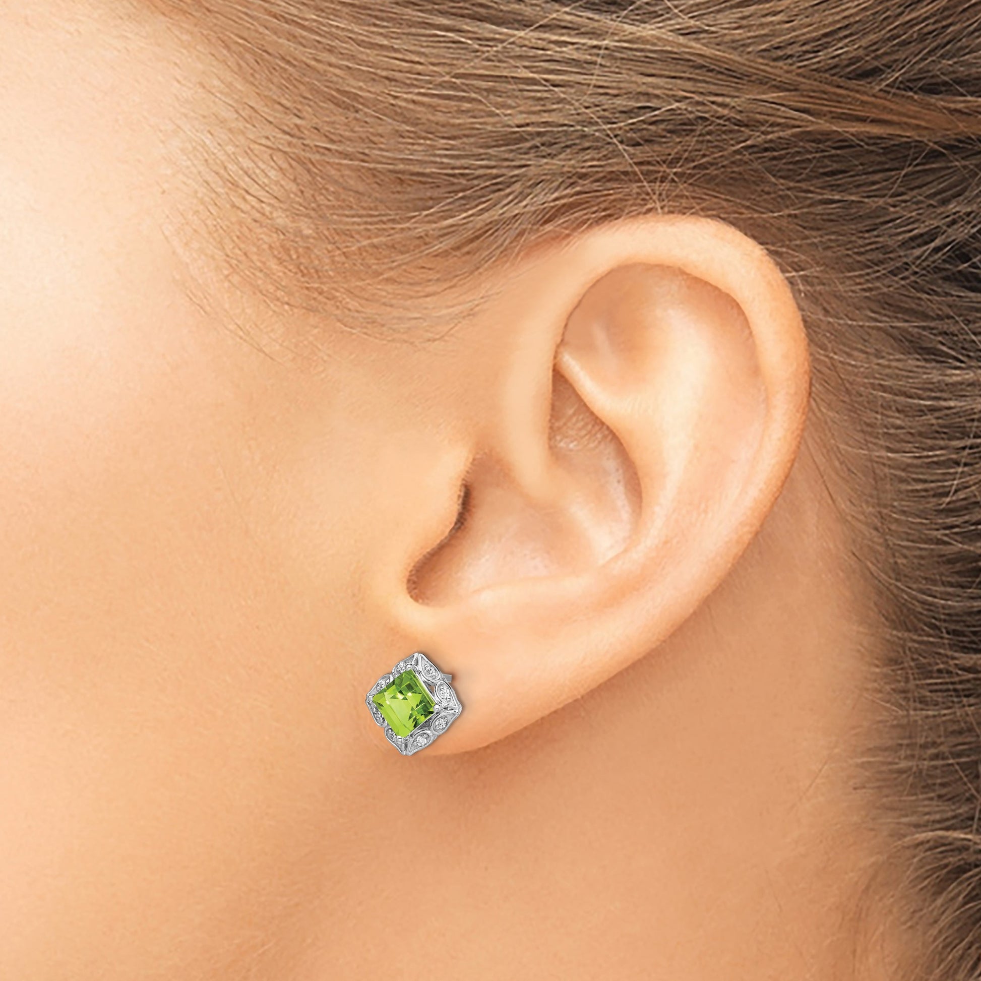 14k White Gold 5mm Square Peridot and .08 carat Diamond Post Earrings
