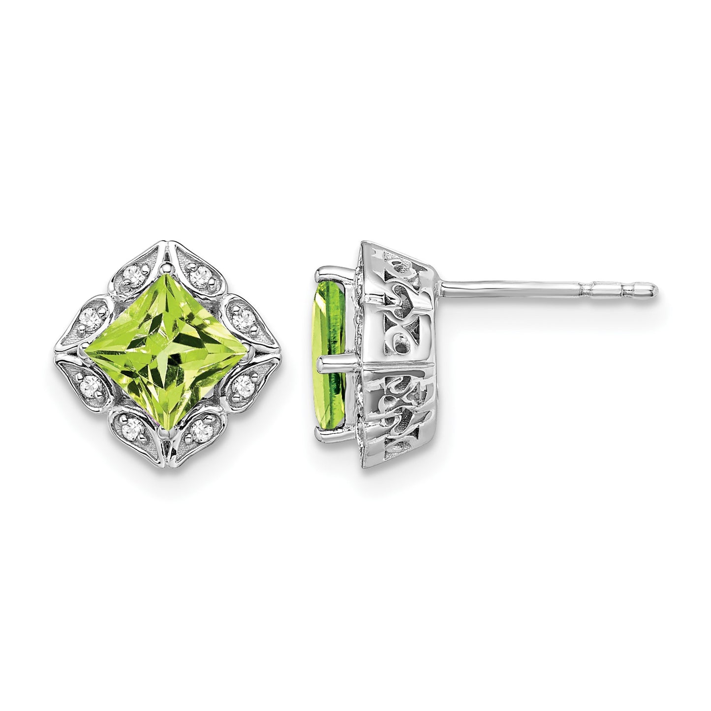 14k White Gold 5mm Square Peridot and .08 carat Diamond Post Earrings
