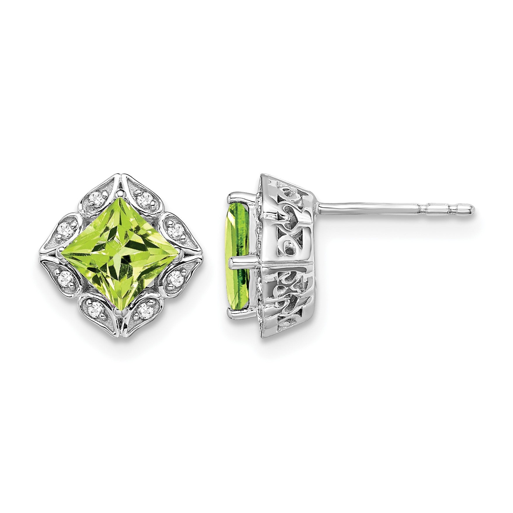 14k White Gold 5mm Square Peridot and .08 carat Diamond Post Earrings
