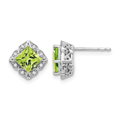14k White Gold 5mm Square Peridot and .08 carat Diamond Post Earrings