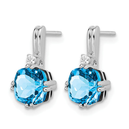 14k White Gold 6mm Cushion Blue Topaz and .04 carat Diamond Post Earrings