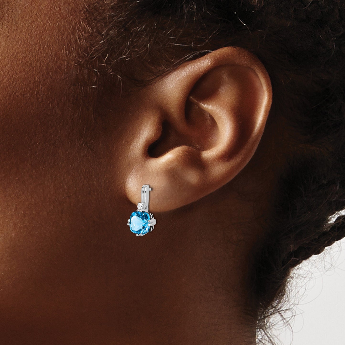 14k White Gold 6mm Cushion Blue Topaz and .04 carat Diamond Post Earrings