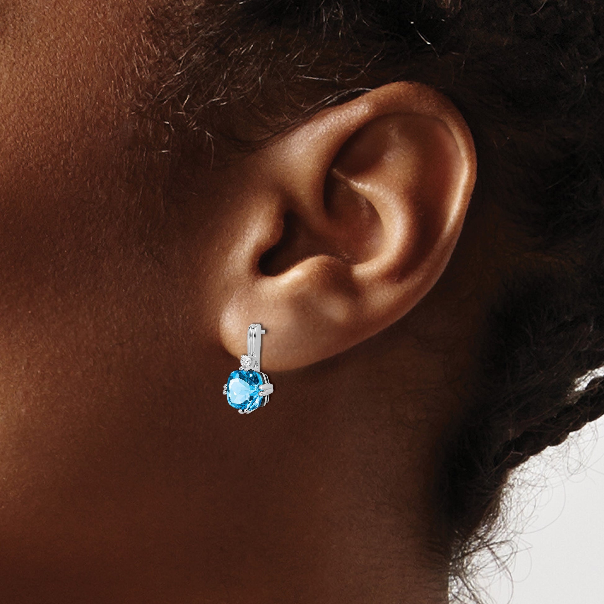 14k White Gold 6mm Cushion Blue Topaz and .04 carat Diamond Post Earrings