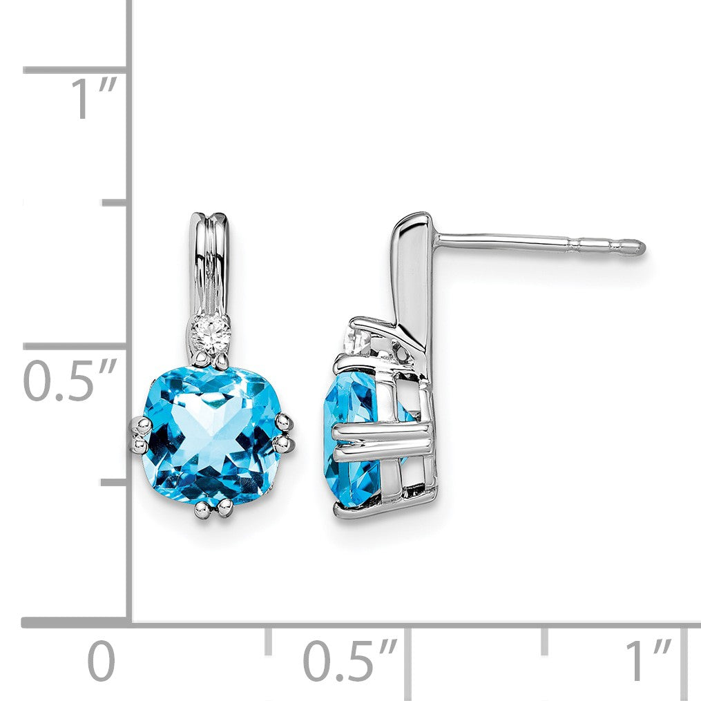 14k White Gold 6mm Cushion Blue Topaz and .04 carat Diamond Post Earrings