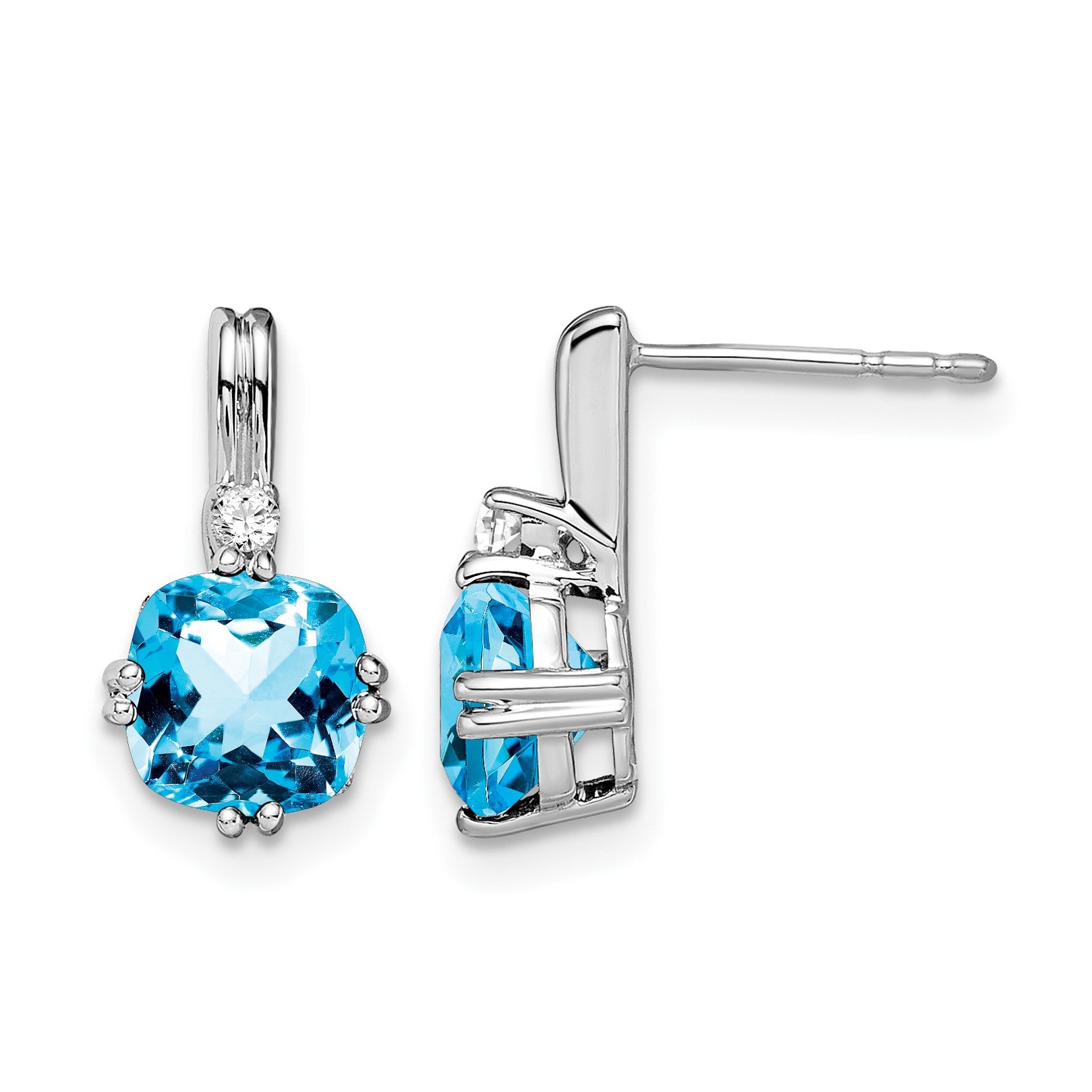 14k White Gold 6mm Cushion Blue Topaz and .04 carat Diamond Post Earrings