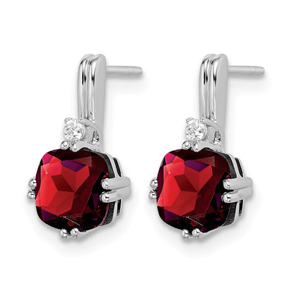 14k White Gold 6mm Cushion Garnet and .04 carat Diamond Post Earrings