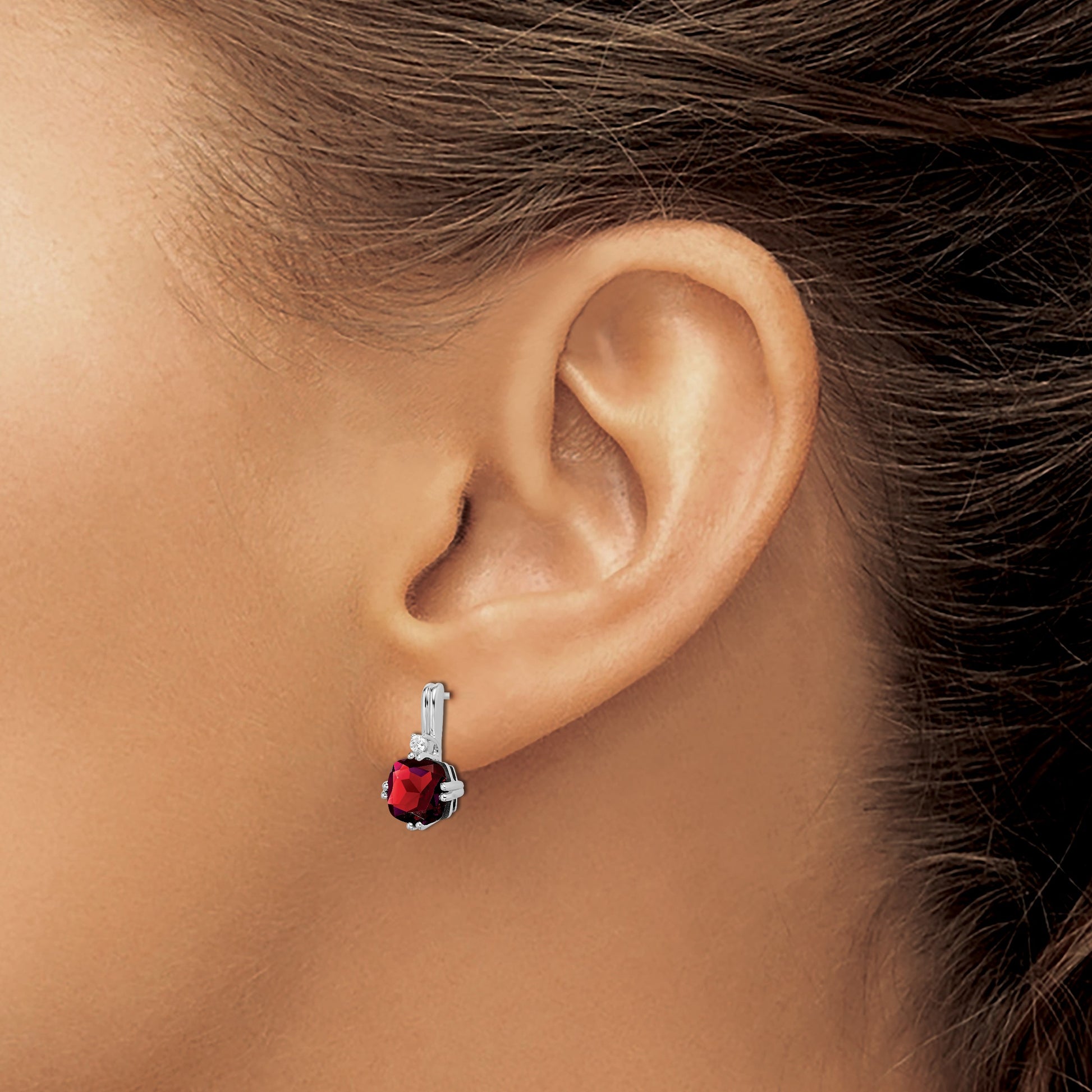 14k White Gold 6mm Cushion Garnet and .04 carat Diamond Post Earrings