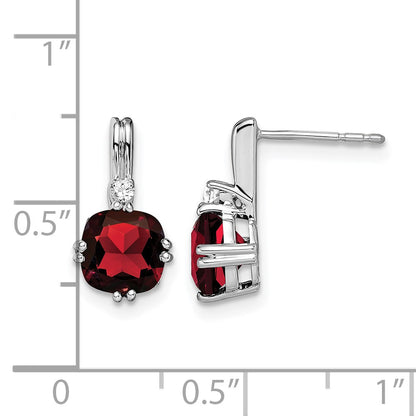 14k White Gold 6mm Cushion Garnet and .04 carat Diamond Post Earrings