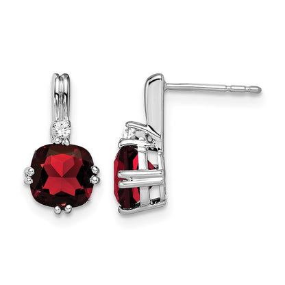 14k White Gold 6mm Cushion Garnet and .04 carat Diamond Post Earrings