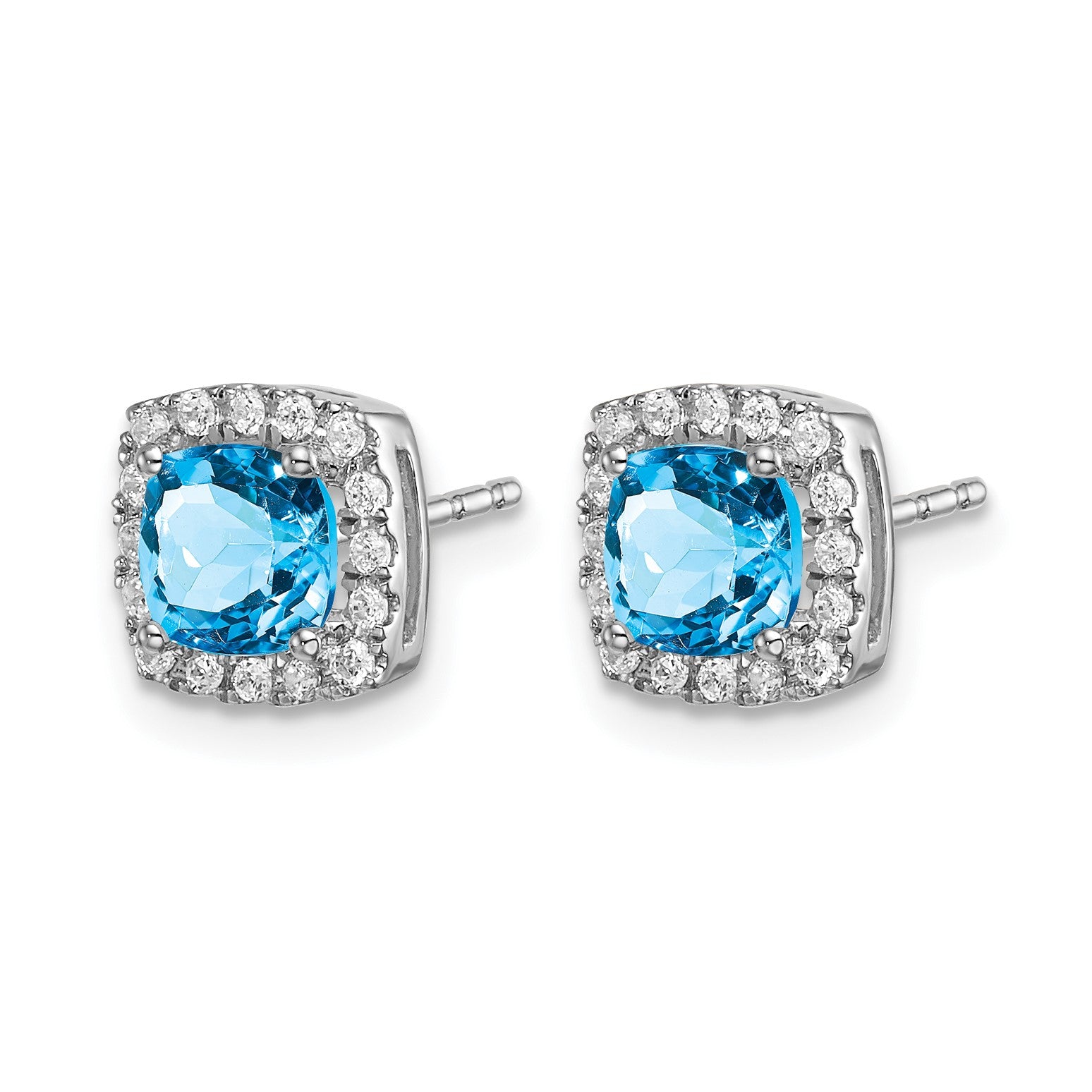 14k White Gold 5mm Cushion Blue Topaz and .19 carat Diamond Halo Post Earrings