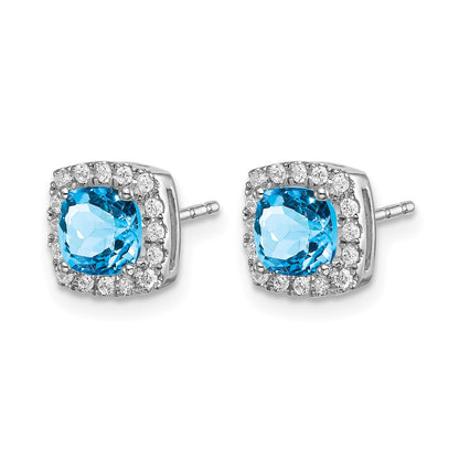 14k White Gold 5mm Cushion Blue Topaz and .19 carat Diamond Halo Post Earrings