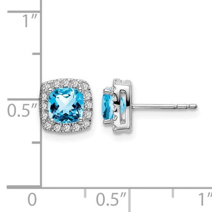 14k White Gold 5mm Cushion Blue Topaz and .19 carat Diamond Halo Post Earrings