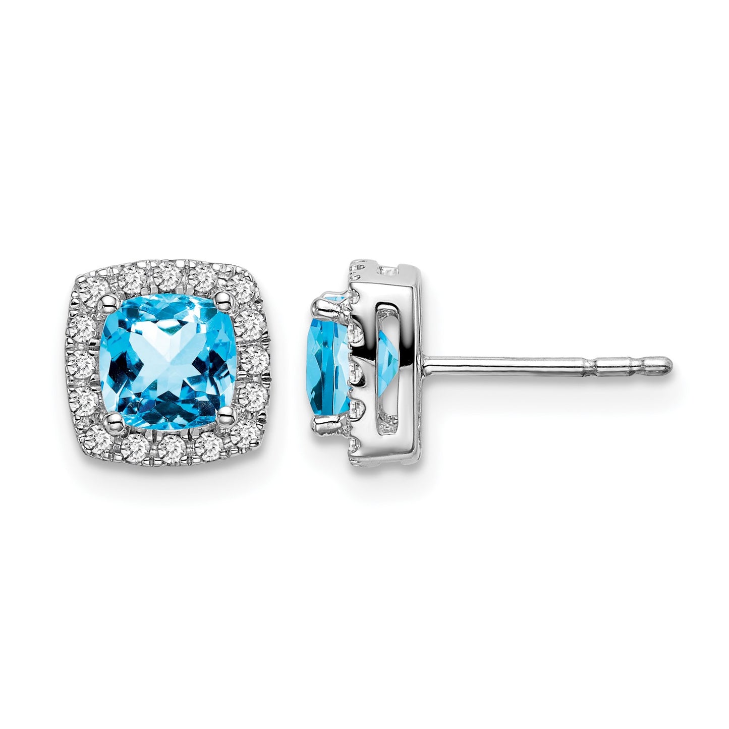 14k White Gold 5mm Cushion Blue Topaz and .19 carat Diamond Halo Post Earrings
