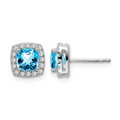 14k White Gold 5mm Cushion Blue Topaz and .19 carat Diamond Halo Post Earrings