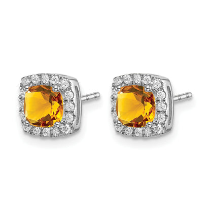 14k White Gold 5mm Cushion Citrine and .19 carat Diamond Halo Post Earrings