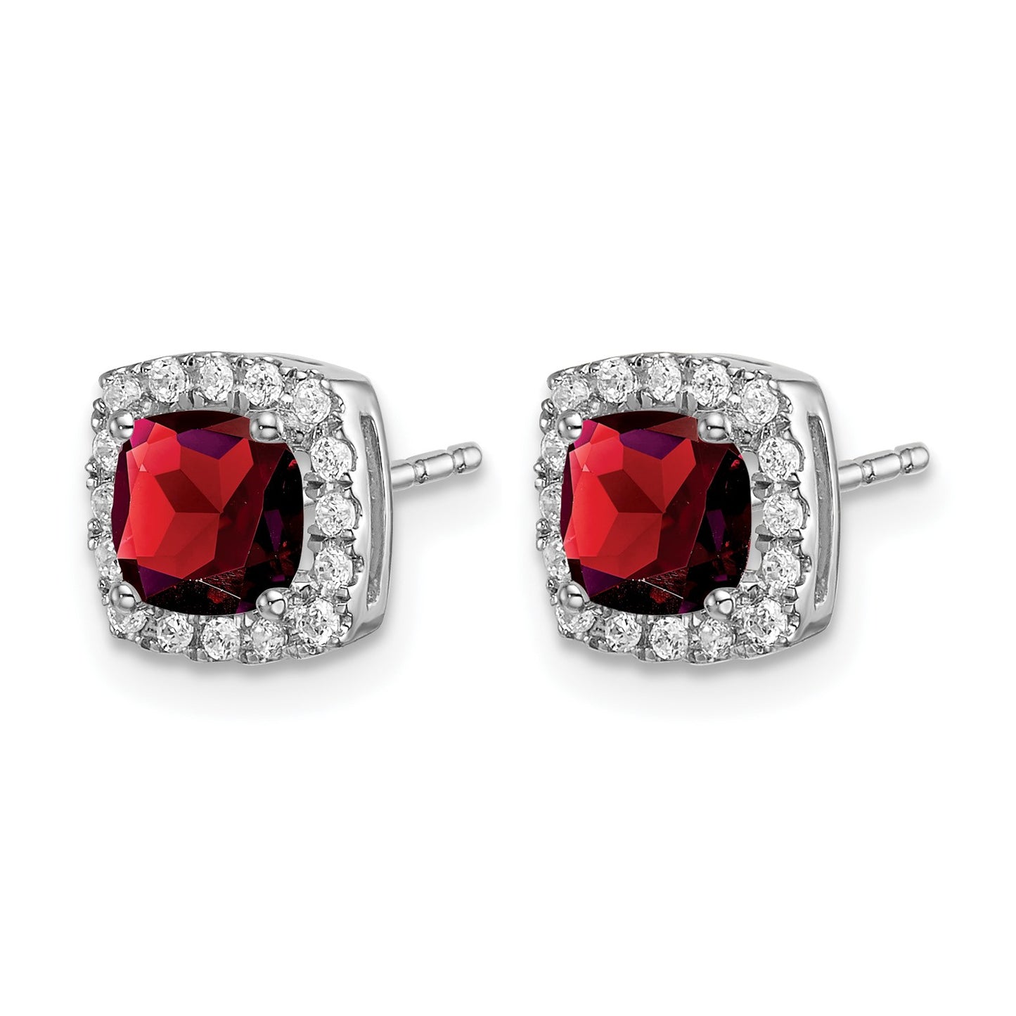 14k White Gold 5mm Cushion Garnet and .19 carat Diamond Halo Post Earrings