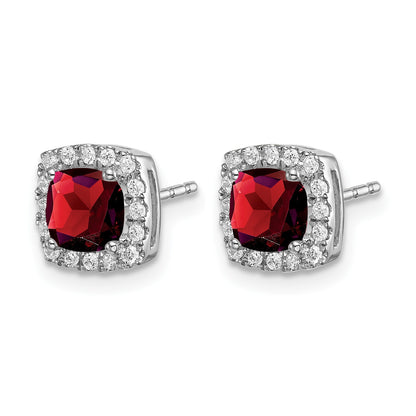 14k White Gold 5mm Cushion Garnet and .19 carat Diamond Halo Post Earrings