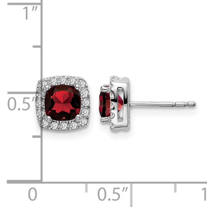 14k White Gold 5mm Cushion Garnet and .19 carat Diamond Halo Post Earrings