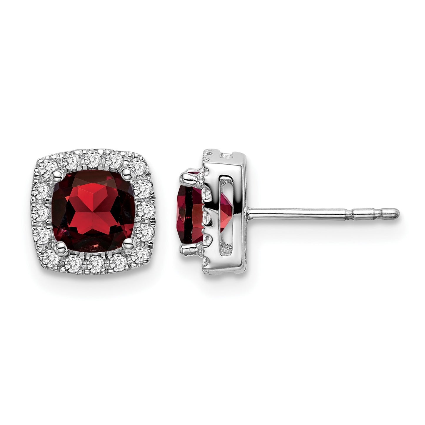 14k White Gold 5mm Cushion Garnet and .19 carat Diamond Halo Post Earrings