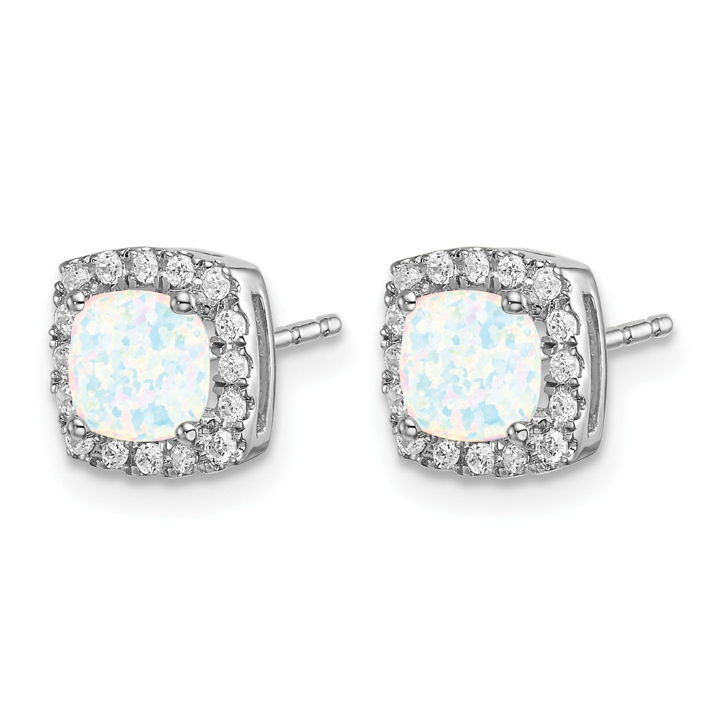 14k White Gold 5mm Cushion Lab Created Opal and Diamond Square Halo Post Earrings