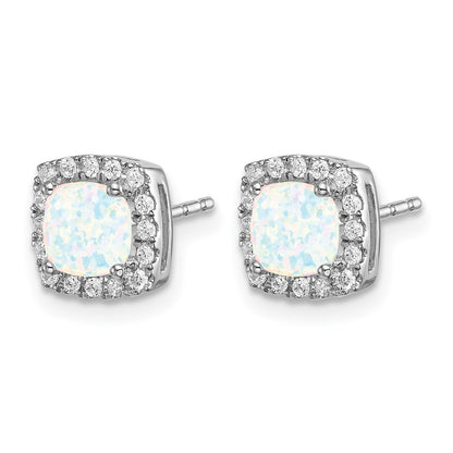 14k White Gold 5mm Cushion Lab Created Opal and Diamond Square Halo Post Earrings
