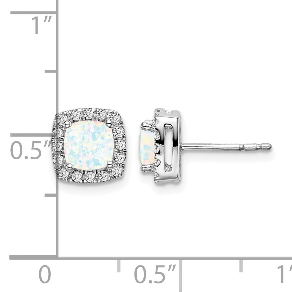 14k White Gold 5mm Cushion Lab Created Opal and Diamond Square Halo Post Earrings
