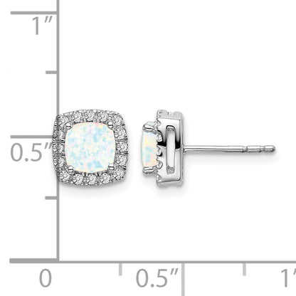14k White Gold 5mm Cushion Lab Created Opal and Diamond Square Halo Post Earrings