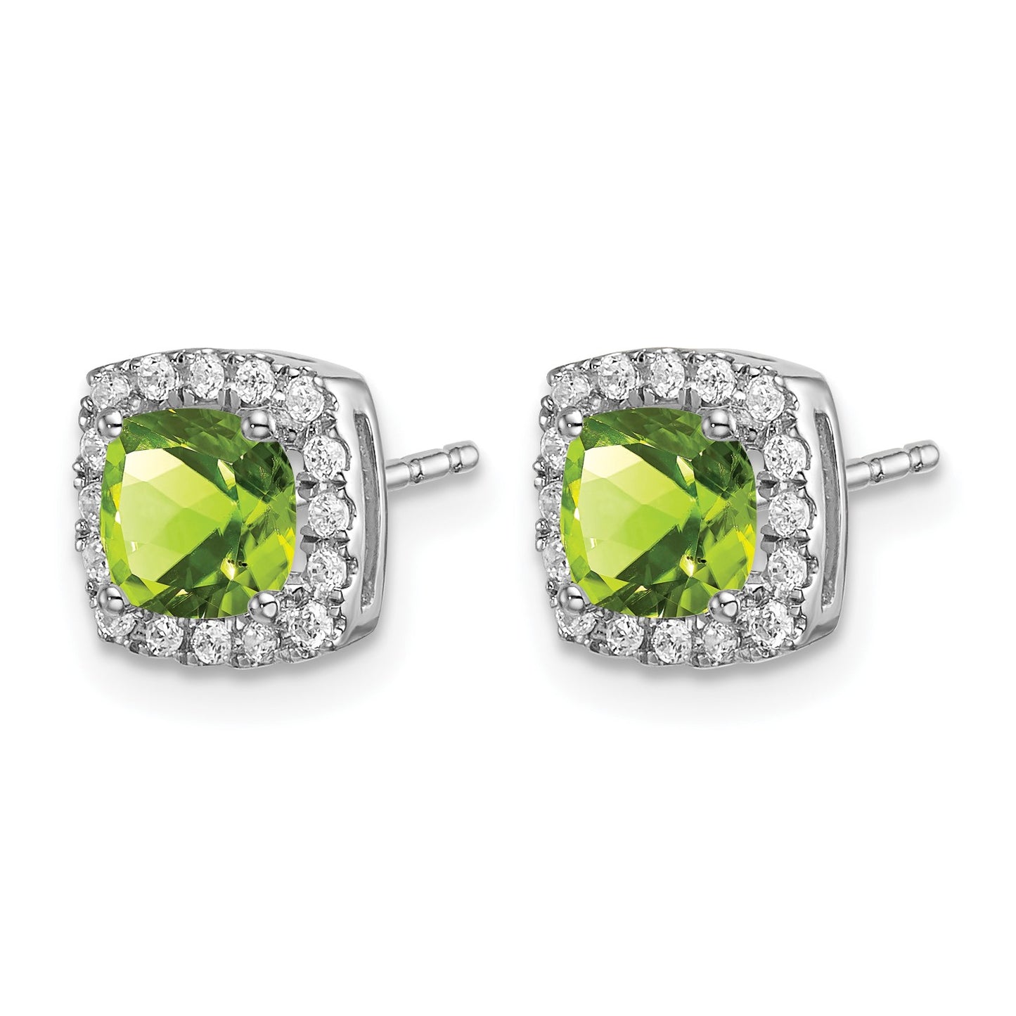 14k White Gold 5mm Cushion Peridot and .19 carat Diamond Halo Post Earrings