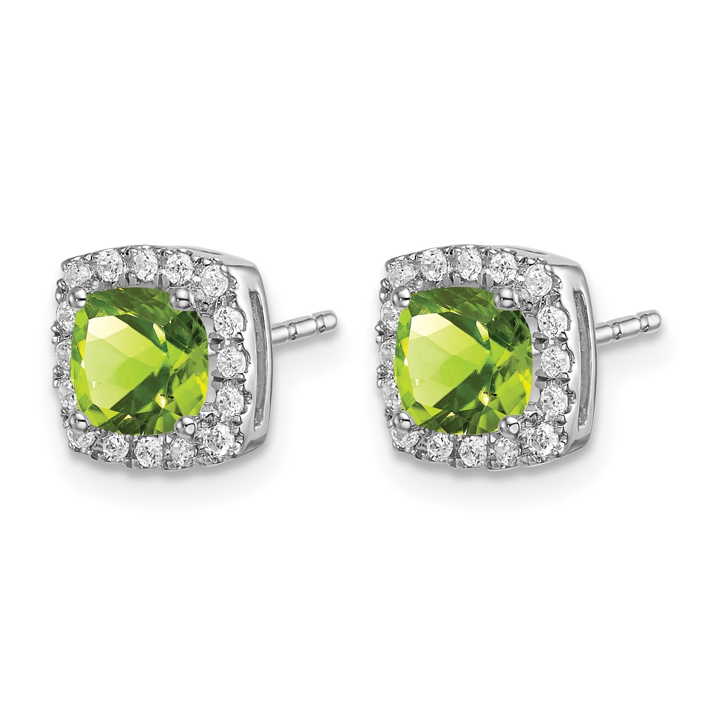 14k White Gold 5mm Cushion Peridot and .19 carat Diamond Halo Post Earrings