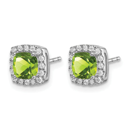 14k White Gold 5mm Cushion Peridot and .19 carat Diamond Halo Post Earrings