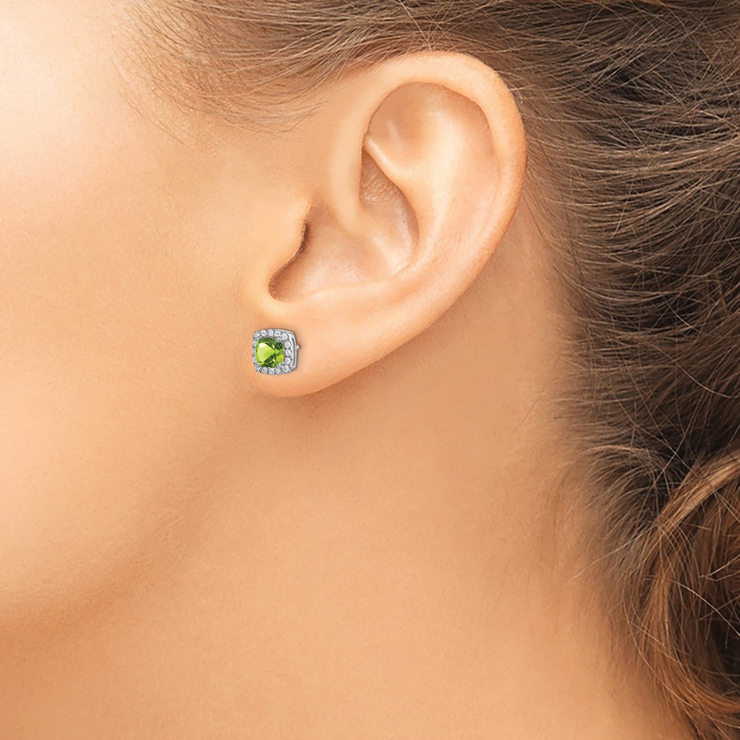 14k White Gold 5mm Cushion Peridot and .19 carat Diamond Halo Post Earrings