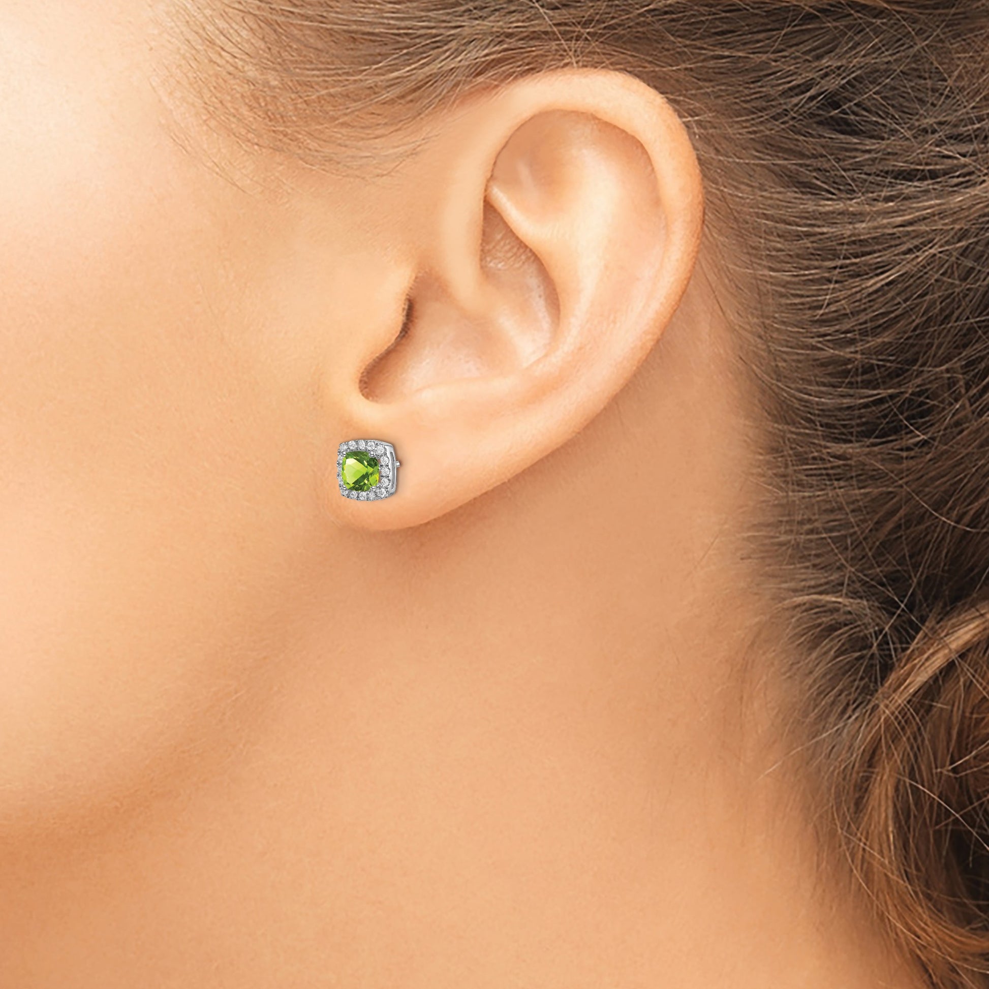 14k White Gold 5mm Cushion Peridot and .19 carat Diamond Halo Post Earrings