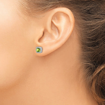14k White Gold 5mm Cushion Peridot and .19 carat Diamond Halo Post Earrings