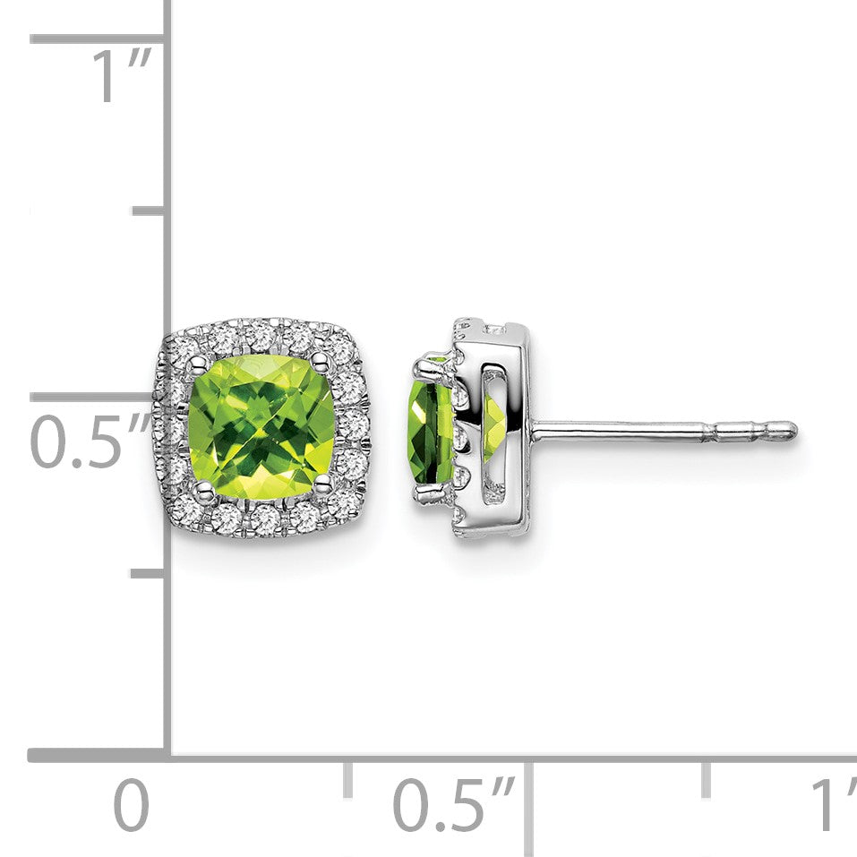 14k White Gold 5mm Cushion Peridot and .19 carat Diamond Halo Post Earrings
