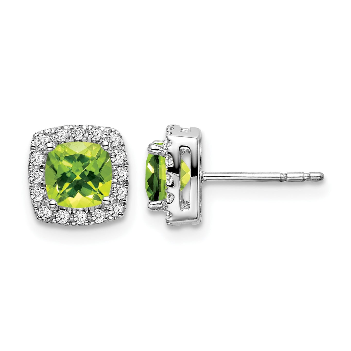14k White Gold 5mm Cushion Peridot and .19 carat Diamond Halo Post Earrings