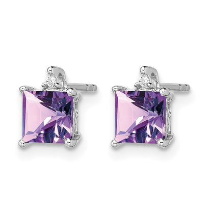 14k White Gold 5mm Princess Amethyst and .01 carat Diamond Post Earrings