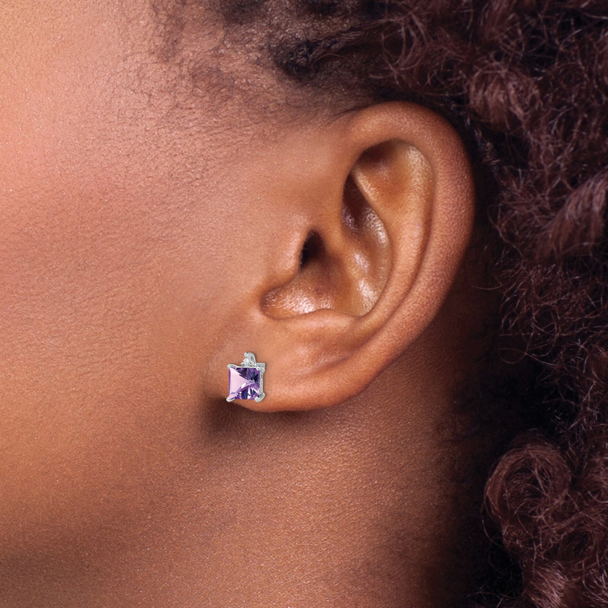 14k White Gold 5mm Princess Amethyst and .01 carat Diamond Post Earrings