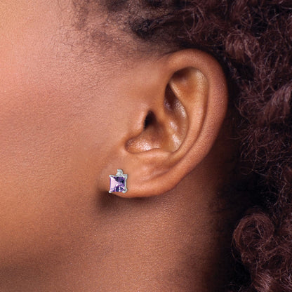 14k White Gold 5mm Princess Amethyst and .01 carat Diamond Post Earrings