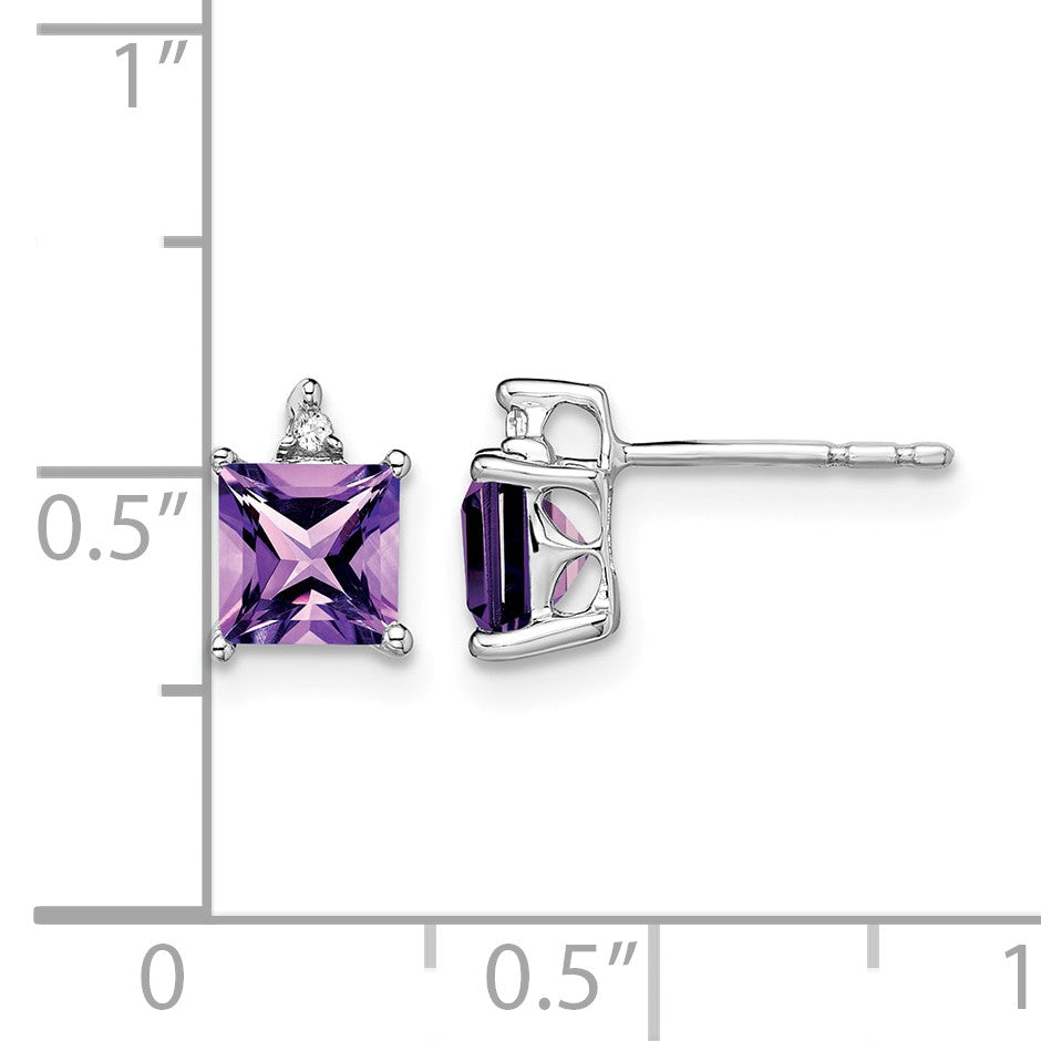 14k White Gold 5mm Princess Amethyst and .01 carat Diamond Post Earrings