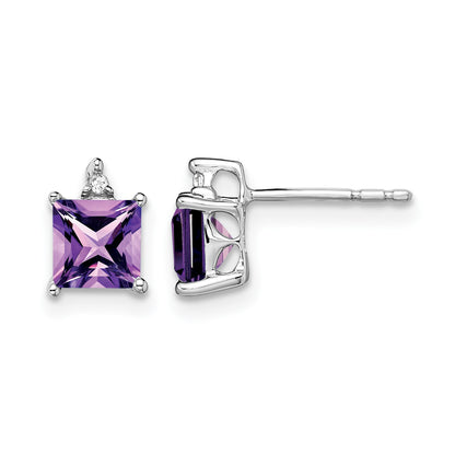 14k White Gold 5mm Princess Amethyst and .01 carat Diamond Post Earrings