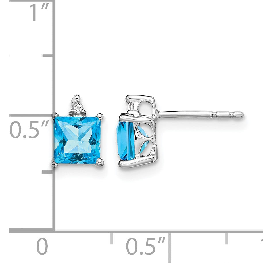 14k White Gold 5mm Princess Blue Topaz and .01 carat Diamond Post Earrings