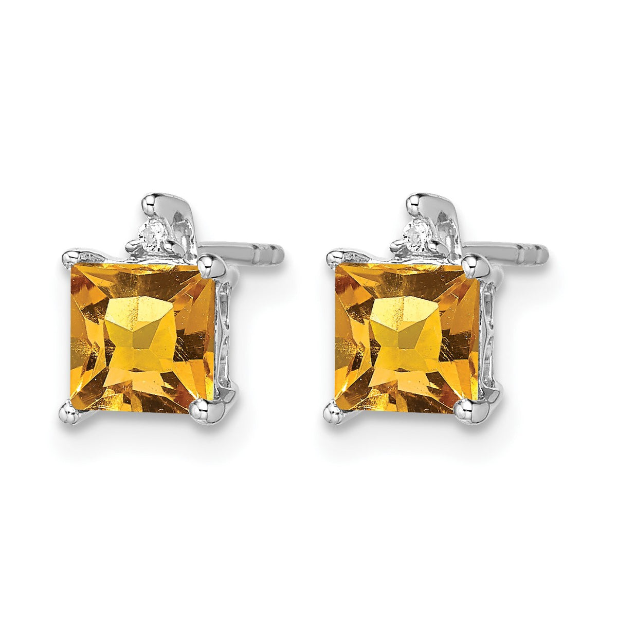 14k White Gold 5mm Princess Citrine and .01 carat Diamond Post Earrings